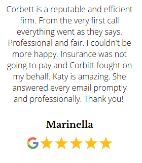 Marinella testimonial - 5 star Google review praising Corbitt as reputable and efficient firm, with special mention of Katy who answered every email promptly