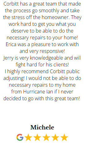 Michele testimonial - 5 star Google review praising Corbitt team for smooth process, Erica and Jerry's hard work for clients after Hurricane Ian