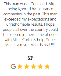 SP testimonial - 5 star Google review calling Miles a God send after being ignored by insurance companies, exceeded expectations with unfathomable results